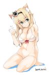  animal_ears arm_support bare_shoulders bikini blonde_hair braid breasts cat_ears cleavage commentary_request crown eyebrows fang french_braid gesture green_eyes hairband highres inuzumi_masaki kantai_collection large_breasts long_hair mini_crown navel red_ribbon ribbon signature smile solo swimsuit warspite_(kantai_collection) white_background white_bikini 