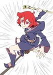  ahoge anime_coloring arai_hiroki belt boots broom broom_riding broom_surfing emphasis_lines highres hood hood_down little_witch_academia red_eyes red_hair robe shiny_chariot shiny_rod short_hair solo standing standing_on_broom white_background wide_sleeves witch 