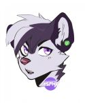  2017 anthro ayken black_fur black_hair digital_media_(artwork) drakkin fur hair headshot_portrait hi_res looking_at_viewer male mammal mephitid multicolored_fur multicolored_hair open_mouth portrait purple_eyes short_hair simple_background skunk solo teeth two_tone_fur two_tone_hair white_background white_fur white_hair 