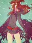  belt brown_hair closed_eyes dress feathers hanayama321 kagari_atsuko little_witch_academia long_hair ponytail red_belt sketch sky smile solo transformation witch 