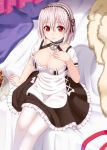  1girl azur_lane bangs bed_sheet blush breasts brown_skirt cleavage closed_mouth collarbone commentary_request eyebrows_visible_through_hair food frilled_skirt frills hair_between_eyes hand_on_own_chest large_breasts light_brown_hair looking_at_viewer on_bed pantyhose pillow pocky puffy_short_sleeves puffy_sleeves red_eyes red_ribbon ribbon shirt short_sleeves sirius_(azur_lane) sitting sitting_on_bed skirt smile solo tray tsukino_neru white_legwear white_shirt 