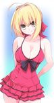  bad_id bad_pixiv_id blonde_hair braid breasts cleavage cowboy_shot dress enelis fate/extella fate/extra fate_(series) frilled_dress frills green_eyes hair_ribbon looking_at_viewer medium_breasts modern_costume_of_crimson nero_claudius_(fate) nero_claudius_(fate)_(all) red_dress red_ribbon ribbon smile solo spaghetti_strap 