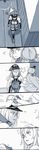  2girls bare_shoulders bismarck_(kantai_collection) blush braid bumping comic crown dress elbow_gloves eye_contact eyebrows_visible_through_hair flying_sweatdrops french_braid gloves greyscale hair_between_eyes hair_ribbon hairband hallway hat highres kantai_collection long_hair long_sleeves looking_at_another military military_hat military_uniform mini_crown monochrome multiple_girls off-shoulder_dress off_shoulder peaked_cap ribbon shaded_face sleeveless squiggle straight_hair uniform walking wall warspite_(kantai_collection) weidashming wooden_floor wrist_grab 