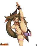  1girl areolae artist_name bare_legs barefoot blush bottomless breasts brown_eyes brown_hair cowboy_shot detached_sleeves dildo eyebrows eyelashes flexible guilty_gear guilty_gear_xrd hair_ornament hair_rings hairclip kamina1978 kuradoberi_jam large_breasts leg_lift leg_up long_hair navel nipples object_insertion one_eye_closed patreon pubic_hair pussy revealing_clothes sex_toy simple_background solo standing_on_one_leg sweat teeth thick_thighs thigh_strap thighs toes very_long_hair wide_hips wide_sleeves wince 