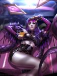  1girl artist_name claws cocktail_glass commentary cosplay cup detached_sleeves drinking_glass english_commentary evelynn evelynn_(cosplay) eyewear_on_head fur_trim glasses high-waist_skirt highres holding holding_cup jewelry k/da_(league_of_legends) k/da_evelynn league_of_legends liang_xing lips long_hair looking_at_viewer lying midriff necklace nose on_back overwatch patreon_username purple_hair purple_skin signature skirt solo widowmaker_(overwatch) 