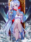  blue_eyes blue_footwear boots crossed_legs english ice jewelry long_hair myrtenaster necklace rapier rwby scar scar_across_eye sitting snowflakes solo sword thighs throne wangxiii weapon weiss_schnee white_hair 