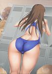  1girl 4boys ass back blush brown_hair cameltoe competition_swimsuit from_behind h-holic_2 idolmaster idolmaster_cinderella_girls idolmaster_cinderella_girls_starlight_stage locker_room long_hair multiple_boys one-piece_swimsuit ruschuto shibuya_rin swimsuit text 