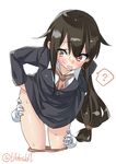  ? bangs black_skirt blush brown_eyes brown_hair buttons cowboy_shot cropped_legs ebifurya eyebrows_visible_through_hair hair_between_eyes hand_under_clothes hand_under_skirt hatsushimo_(kantai_collection) highres kantai_collection leaning_forward leg_grab legs_apart long_hair long_sleeves low-tied_long_hair necktie open_mouth orange_neckwear sidelocks simple_background skirt solo_focus spoken_question_mark standing sweat twitter_username white_background 