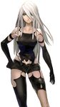  android black_gloves blue_eyes breasts elbow_gloves gloves hair_over_one_eye hand_on_hip highres laio long_hair medium_breasts mole mole_under_mouth nier_(series) nier_automata robot_joints short_shorts shorts silver_hair solo white_background yorha_type_a_no._2 