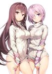  anmi arm_ribbon bangs blush breasts brown_hair covered_navel dress duplicate fate/grand_order fate_(series) hair_over_one_eye jpeg_artifacts large_breasts long_hair looking_at_viewer mash_kyrielight multiple_girls naked_sweater purple_eyes purple_hair red_eyes ribbed_sweater ribbon scathach_(fate)_(all) scathach_(fate/grand_order) short_hair simple_background sleeves_past_wrists standing sweater sweater_dress thighs turtleneck turtleneck_sweater very_long_hair white_background white_sweater 