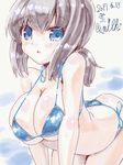  all_fours alternate_breast_size ass bikini blue_eyes blush breasts brown_hair commentary_request dated fubuki_(kantai_collection) kantai_collection large_breasts looking_at_viewer miuku_(marine_sapphire) open_mouth ponytail side-tie_bikini simple_background sketch swimsuit wet 