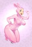  2017 :3 ;3 animal_costume animal_ears armpits blue_eyes blush bodysuit breasts bunny_costume bunny_ears bunny_tail cleavage covered_navel covered_nipples easter full_body highres hijab impossible_bodysuit impossible_clothes jpeg_artifacts kneeling large_breasts looking_at_viewer muslim one_eye_closed open_mouth original pink_bodysuit shiny shiny_clothes skin_tight smile solo tail v zephyr_aile 