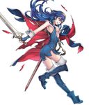  areolae armpits ass blue_eyes blue_hair breasts cape falchion_(fire_emblem) fingerless_gloves fire_emblem fire_emblem:_kakusei fire_emblem_heroes full_body gloves hairband highres long_hair lucina nipples nude_filter scabbard sheath small_breasts thighhighs third-party_edit tiara torn_clothes wrist_cuffs 