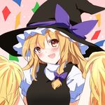  :d blonde_hair blush braid cheering commentary_request confetti hat ichimura_kanata kirisame_marisa long_hair looking_at_viewer open_mouth pom_poms side_braid single_braid smile touhou turtleneck vest witch_hat yellow_eyes 