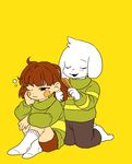  anthro asriel_dreemurr brushing_hair caprine chara_(undertale) child clothed clothing cub cute female fur goat human kneeling legwear loli male mammal monster semi shota socks tired undertale video_games white_fur young 