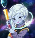  1girl :d angel_(dragon_ball) artist_request blue_skin braid cus dragon_ball dragon_ball_super eyebrows_visible_through_hair female halo highres holding holding_staff long_sleeves looking_at_viewer open_mouth purple_clothes purple_eyes silver_hair smile solo space staff universe_10_(dragon_ball) upper_body v vest 