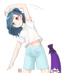  alternate_costume alternate_hairstyle blue_eyes blue_hair blue_shorts commentary_request cowboy_shot heterochromia karakasa_obake kitano_(kitanosnowwhite) midriff one-eyed purple_umbrella red_eyes shirt short_sleeves shorts simple_background smile solo stretch t-shirt tatara_kogasa tied_hair touhou umbrella white_background white_shirt 