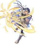  athena_(fire_emblem) bangs bare_shoulders black_legwear blue_hair braid breasts brown_eyes crown_braid detached_sleeves fire_emblem fire_emblem:_monshou_no_nazo fire_emblem_heroes full_body fur_trim highres holding holding_sword holding_weapon leg_up long_hair medium_breasts miyuu official_art open_mouth open_toe_shoes shoes solo sword transparent_background weapon 