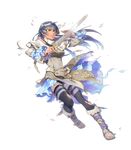  athena_(fire_emblem) black_legwear blue_hair braid breasts brown_eyes crown_braid detached_sleeves fire_emblem fire_emblem:_monshou_no_nazo fire_emblem_heroes full_body fur_trim highres holding holding_sword holding_weapon long_hair medium_breasts miyuu official_art open_toe_shoes shoes shorts solo sword torn_clothes transparent_background weapon 