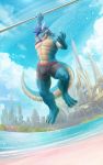  2019 abs alien anthro beach biceps blue_hair boxer_briefs braided_hair bulge claws clothed clothing dragon hair horn looking_at_viewer male muscular muscular_male pecs pinup pose purple_hair quads red_eyes scales scalie seaside sharp_teeth smile solo takahirosi teeth toe_claws triceps underwear water 