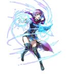  bangs black_footwear book boots dress fire_emblem fire_emblem:_monshou_no_nazo fire_emblem_heroes full_body highres holding holding_book katarina_(fire_emblem) kaya8 magic miniskirt official_art open_mouth overskirt purple_hair scarf short_dress short_hair short_sleeves skirt solo thigh_boots thighhighs transparent_background zettai_ryouiki 