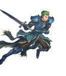  arm_guards armor armored_boots blue_eyes boots fire_emblem fire_emblem:_monshou_no_nazo fire_emblem_heroes full_body gloves green_hair highres holding holding_sword holding_weapon izuka_daisuke looking_away male_focus official_art pants pauldrons ruke_(fire_emblem) solo sword transparent_background weapon 