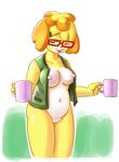  2017 animal_crossing anthro bottomless breasts canine clothed clothing coffee_mug digital_media_(artwork) dog eyewear female fur glasses isabelle_(animal_crossing) mammal minus8 navel nintendo nipples one_eye_closed open_shirt pussy simple_background solo tongue tongue_out video_games wink yellow_fur 