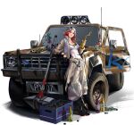  1girl alcohol antennae artist_request baggy_pants black_boots boots bottle box car covered_navel crack cracked_glass demolia_(path_to_nowhere) drink durag giant_hammer gloves graffiti grey_jacket grey_pants hammer jacket jewelry license_plate motor_vehicle necklace official_art open_clothes open_jacket pants partially_fingerless_gloves path_to_nowhere rear-view_mirror red_hair red_wine shirt sports_utility_vehicle war_hammer weapon white_shirt white_wine windshield wine wine_bottle 