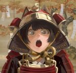  1girl animal_ear_helmet animal_helmet armor black_hair black_kimono blush cat_helmet dana_(ocana_dana) helmet highres japanese_armor japanese_clothes kabuto_(helmet) kimono looking_at_viewer open_mouth original samurai short_hair solo 