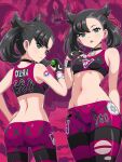  1girl absurdres ass asymmetrical_bangs black_choker black_gloves black_hair black_sports_bra blush breasts choker closed_mouth commentary_request dusk_ball dynamax gigantamax gigantamax_grimmsnarl gloves green_eyes grimmsnarl hair_ribbon highres holding holding_poke_ball leggings marnie_(pokemon) midriff multiple_views navel official_alternate_costume open_mouth poke_ball pokemoa pokemon pokemon_(creature) pokemon_masters_ex pokemon_swsh purple_leggings ribbon single_glove small_breasts sports_bra twintails undercut wristband 
