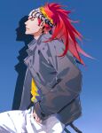  1boy abarai_renji absurdres bleach blue_background closed_mouth commentary_request from_side hand_in_pocket headband highres jacket long_hair male_focus open_clothes open_jacket pants ponytail red_hair shadow sideburns simple_background solo teeth white_pants xiaoqinglongtang42487 yellow_eyes 