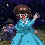  1boy 1girl blue_dress bob_cut brown_eyes brown_hair commentary_request dress fuurinkan_high_school_uniform kunou_tatewaki ranma_1/2 school_uniform short_hair sword tearing_up tendou_nabiki wanta_(futoshi) weapon wooden_sword 