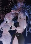  2girls absurdres aerial_fireworks bare_shoulders bikini bikini_top_only black_bikini black_hair blue_hair blush bow braid breasts closed_eyes commentary cup denim drinking_glass fireworks flower frills highres holding holding_cup holding_hands ine_(vtuber) jeans jewelry korean_commentary lilpa long_hair medium_breasts midriff multicolored_hair multiple_girls navel necklace night official_alternate_costume open_mouth outdoors pants ponytail purucon sarong sky smile star_(sky) swimsuit teeth twin_braids twintails two-tone_hair upper_teeth_only utaite virtual_youtuber waktaverse white_hair white_pants 