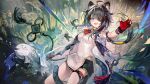  1girl :d absurdres ahoge animal_ears animal_print arknights arknights:_endfield black_gloves black_hair black_shorts blue_eyes breasts bubble commentary eyepatch fang fingerless_gloves fish gloves happyongdal highres low_ponytail medium_breasts multicolored_gloves one_eye_covered outstretched_arms ponytail pouch red_gloves shorts skin_fang smile tail tangtang_(arknights) thigh_pouch thigh_strap tiger_ears tiger_print tiger_tail two-tone_gloves 