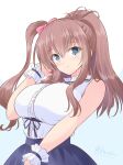  1girl alternate_costume blue_eyes blue_skirt bow breasts brown_hair commentary_request hair_between_eyes hair_bow high_side_ponytail kantai_collection large_breasts looking_at_viewer one-hour_drawing_challenge pink_bow ponytail saratoga_(kancolle) shirt shizuna_kaede side_ponytail skirt smile solo upper_body white_shirt wrist_cuffs 