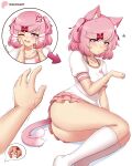  1girl absurdres alternate_species animal_ear_fluff animal_ears artist_name ass bite_mark bra_strap breasts brown_hair cat_ears cat_girl cat_tail cheek_pinching closed_mouth collarbone commentary doki_doki_literature_club dripping_eye english_commentary frilled_skirt frills full_body hair_ornament hairclip head_only highres instant_loss kneehighs light_frown looking_at_viewer medium_breasts medium_hair microskirt mixed-language_commentary motion_lines natsuki_(doki_doki_literature_club) no_panties o_o patreon_logo patreon_username pinching pink_hair pink_shirt pink_skirt pov pov_hands purple_eyes raion_(raionart) sayori_(doki_doki_literature_club) shirt simple_background single_paw_pose skirt socks solo swept_bangs swirl tail tail_wagging tsundere two-tone_shirt watermark white_background white_shirt white_socks 