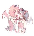  2girls angry back_bow black_bow black_collar black_hair black_wings blush bow bracelet collar commentary crop_top demon demon_horns demon_wings english_commentary eye_contact flower gloves grabbing_another's_chin hair_bow hair_ornament hand_on_another's_chin highres horns jewelry lipstick lipstick_mark little_devil_(love_live!) looking_at_another love_live! love_live!_school_idol_project makeup medium_hair missladysheep multiple_girls nishikino_maki pearl_bracelet pink_flower pink_gloves pink_rose polka_dot polka_dot_bow polka_dot_shirt purple_eyes purple_flower purple_rose red_bow red_eyes red_flower red_gloves red_hair red_rose red_shirt red_wings rose shirt short_twintails sleeveless tiara twintails white_background wings yazawa_nico 