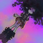  1girl black_boots black_eyes black_hair boots closed_mouth detached_sleeves dress expressionless frilled_dress frills goth_fashion gradient_background grey_dress ieatedyuripizza long_hair lying on_back original puffy_detached_sleeves puffy_sleeves purple_background surreal wavy_hair 