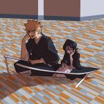  1boy 1girl absurdres arm_support artist_name black_hair black_kimono bleach carpet commentary english_commentary full_body hair_between_eyes hand_on_blade highres holding holding_pencil huge_weapon indian_style indoors japanese_clothes kimono kuchiki_rukia kurosaki_ichigo leaning_on_weapon maurikun orange_hair paper pencil photo-referenced purple_eyes shared_weapon shihakusho short_hair sidelighting signature sitting spiked_hair sword weapon zangetsu_(shikai) zanpakutou 