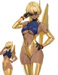  1girl aeug blonde_hair breasts char_aznable commentary_request dark-skinned_female dark_skin elbow_gloves genderswap genderswap_(mtf) gloves gold_gloves gold_thighhighs gundam highleg highleg_leotard highres humanization hyaku_shiki large_breasts leotard quattro_bajeena roundel short_hair sunglasses tan tinted_eyewear underboob yd_(orange_maru) zeta_gundam 