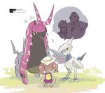  1girl 2boys bird brown_hair colored_sclera corbeau_(pokemon) crying ditto eyewear_strap facial_hair female_protagonist_(pokemon_pokopia) glasses hat highres mohawk multiple_boys mutton_chops pants philippe_(pokemon) pokemon pokemon_(creature) pokemon_focus pokemon_legends:_z-a pokemon_pokopia purple_shirt scolipede shared_speech_bubble shirt shoes short_sleeves skarmory speech_bubble tears transformed_ditto twintails white_hat wings yellow_eyes yellow_sclera yotsuban 