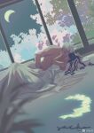  1boy 1girl aqua_eyes bare_shoulders biceps black_hair chinese_commentary collarbone commentary_request eyes_visible_through_hair faceless faceless_female floral_background gojou_satoru hair_over_eyes highres jujutsu_kaisen long_hair looking_at_another moon oc_x_canon original pillow shirt short_hair sleeveless sleeveless_shirt toned toned_male topless_male under_covers watermark weibo_watermark white_hair white_shirt zhishuo418 