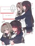  22_rink 2girls ? ?? arms_around_waist black_hair black_sailor_collar blazer blue_eyes blush bow brown_hair brown_sailor_collar brown_skirt closed_eyes closed_mouth columbina_(genshin_impact) commentary_request contemporary genshin_impact hair_bow hair_flaps hairband heart highres hug hug_from_behind jacket long_hair long_sleeves multicolored_hair multiple_girls open_mouth pleated_skirt purple_hair purple_streaks red_hairband sailor_collar sandrone_(genshin_impact) school_uniform serafuku shirt short_hair_with_long_locks simple_background skirt speech_bubble streaked_hair thought_bubble translation_request two-tone_hair very_long_hair white_background white_shirt yuri 