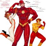  3boys absurdres barry_allen bart_allen biceps blue_eyes bodysuit boots brown_hair character_name covered_nipples covered_ribs dc_comics donut eating english_text eriurias73 feet_out_of_frame flexing flying_sweatdrops food food_in_mouth freckles full_body gloves goggles goggles_on_head grandfather_and_grandson green_eyes grin hand_on_own_arm hand_on_own_hip hanging_on_arm heart highres impulse kid_flash lifting_person lightning_bolt_symbol looking_at_viewer male_focus multicolored_bodysuit multiple_boys muscular muscular_male open_mouth orange_hair red_bodysuit red_boots red_gloves red_goggles red_mask request_inset short_hair smile squatting standing superhero_costume sweatdrop the_flash the_flash_(series) trap uncle_and_nephew wally_west white_bodysuit winged_headwear yellow-framed_eyewear yellow_bodysuit yellow_boots yellow_mask yellow_trim 