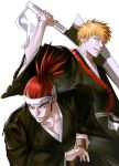  2boys abarai_renji absurdres bleach brown_eyes collarbone commentary_request drawing_sword forehead_tattoo headband highres holding holding_sword holding_weapon korean_commentary kurosaki_ichigo long_hair looking_at_viewer male_focus multiple_boys orange_hair ponytail red_hair shihakusho short_hair simple_background sword tattoo teeth weapon white_background xatavo9919 zanpakutou 