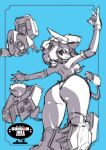  1girl absurdres advance_of_zeta advance_of_zeta_re-boot arm_up ass ass_focus back blue_background breasts closed_mouth commentary_request cowboy_shot from_behind gundam hair_between_eyes highres kenki_fujioka large_breasts leotard looking_at_viewer mecha outstretched_arm outstretched_arms personification robot science_fiction short_hair sideboob solo spread_arms standing thighs wavy_mouth 