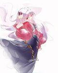  1girl absurdres artist_name commentary dress fate/strange_fake fate_(series) fillia_(fate) from_side hair_between_eyes hair_ornament highres long_hair looking_at_viewer prim_prim red_dress red_eyes smile v white_background white_hair 