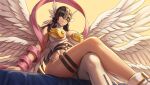  1girl angel angel_wings angewomon angewomon_(cosplay) ankle_boots arm_support asymmetrical_clothes bare_shoulders belt black_belt black_hair bodysuit boots breasts cleavage clothing_cutout commentary commentary_typo cosplay covered_eyes crossed_legs digimon elbow_gloves feathered_wings gloves hagoromo hair_wings helmet helmet_over_eyes highres indie_virtual_youtuber large_breasts long_hair mam_01 multiple_wings o-ring o-ring_belt parted_lips roselia_beneviento shawl sidelocks simple_background single_elbow_glove sitting skindentation smile solo stomach_cutout thigh_strap variant_set very_long_hair virtual_youtuber white_bodysuit white_boots white_gloves winged_helmet wings yellow_background zipper 