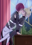  2girls absurdres ara4_yuuhi blush brown_hair closed_mouth commentary_request from_side heaven_burns_red highres kiss military_rank_insignia military_uniform multiple_girls nanase_nanami_(heaven_burns_red) pantyhose purple_hair red_eyes short_hair table tezuka_saki yuri 