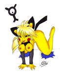  blonde_hair breasts brown_eyes female hair ivanks nintendo nipples pichu plain_background pok&#233;mon pok&#233;morph pokemon unown video_games white_background yellow 